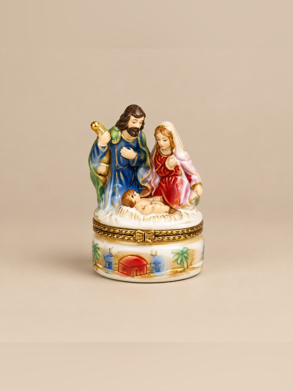 Vintage Nativity scene Trinket Box featuring Mary, Joseph, and baby Jesus